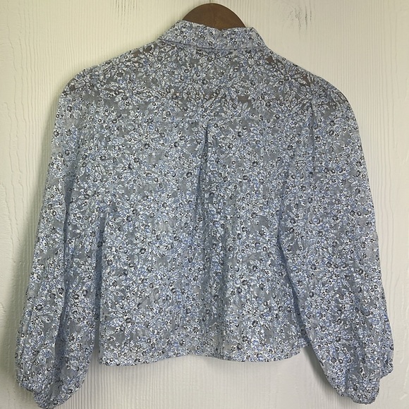 Zara - Blue And White Floral Mesh Button Down Crop Long Sleeve Blouse Size XS - Picture 8 of 8